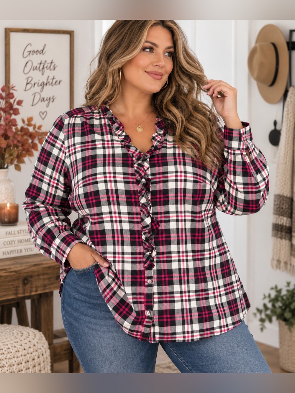 Lane Bryant Pink Black White Plaid Ruffle-Front Button Down Top